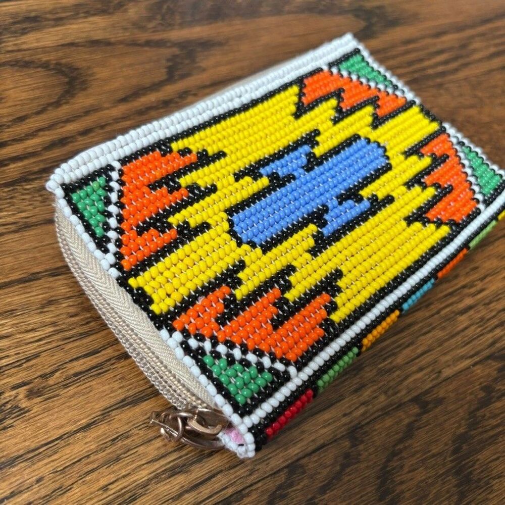 Handmade South African Beaded Wallet Ndebele Geometric Colorful Zip Closure